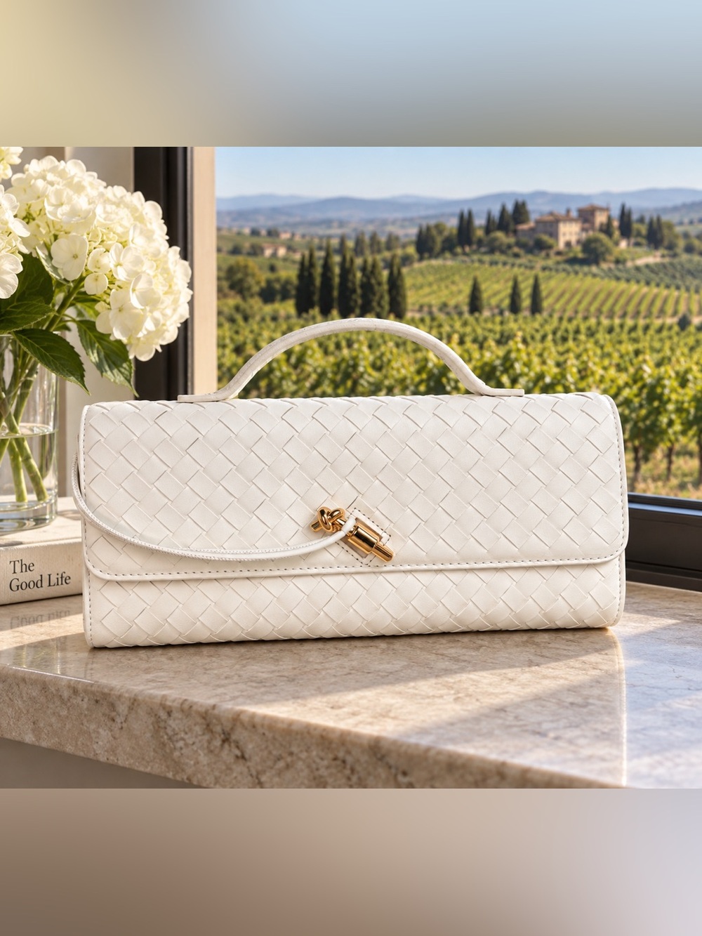 Elegant Woven Leather Top-Handle Clutch Cream